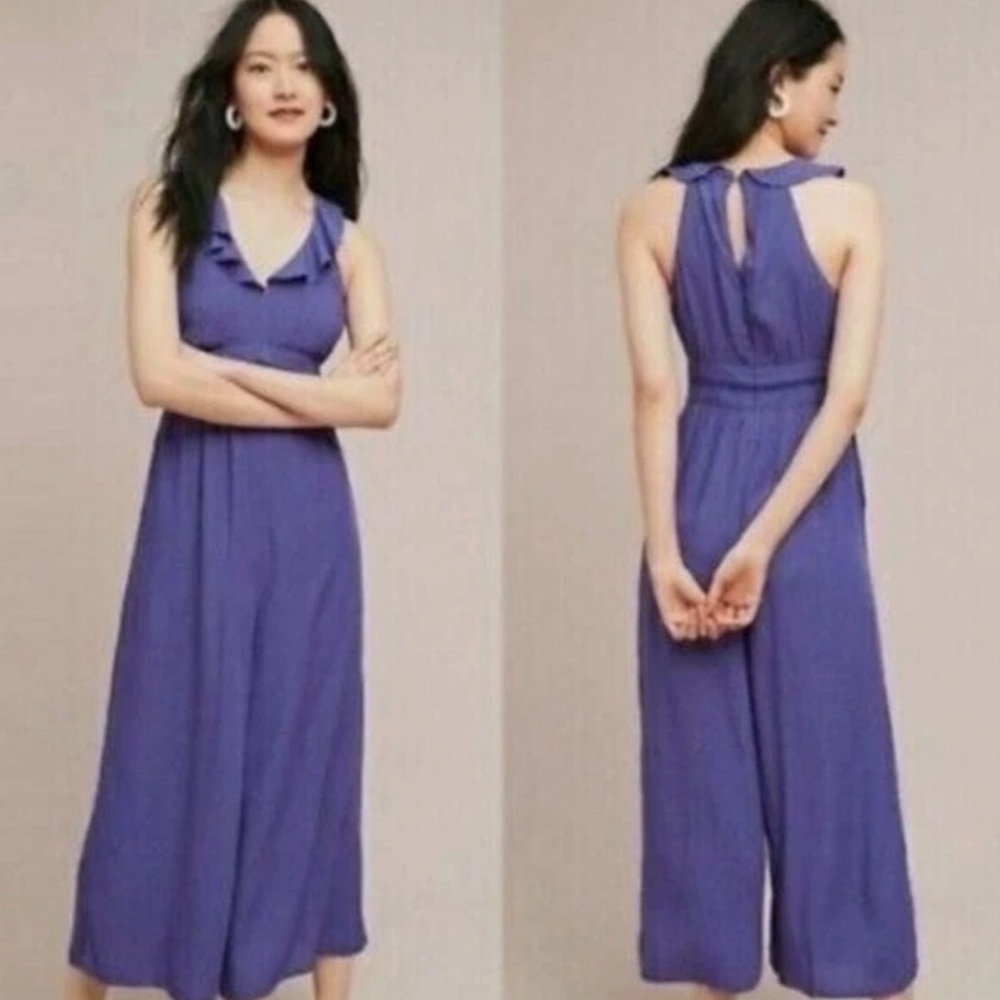 Maeve Anthropologie Syros Ruffle Wide Leg Jumpsuit Size 6 Purple